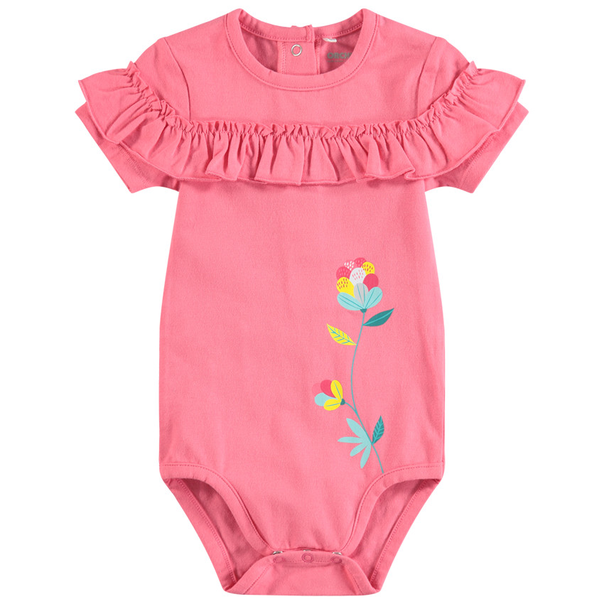 Body manches courtes en coton à large volant et fleur printée 
