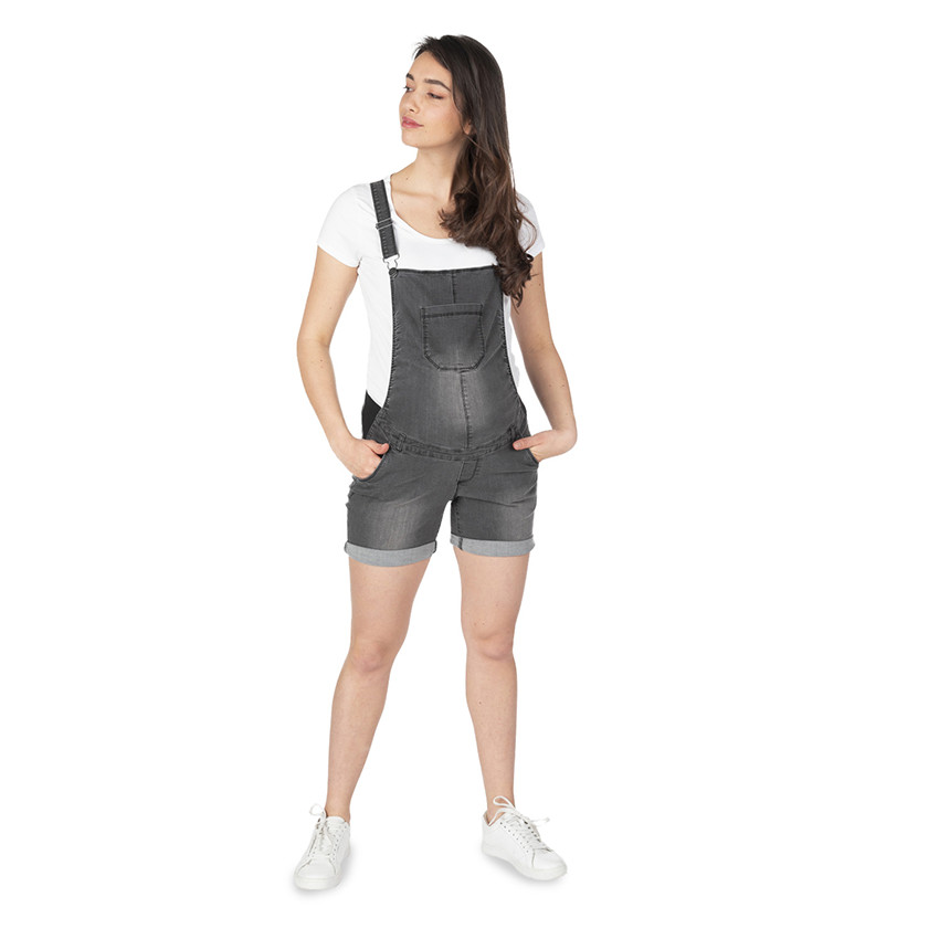 Salopette courte de grossesse en jeans effet used avec élastiques côtés 