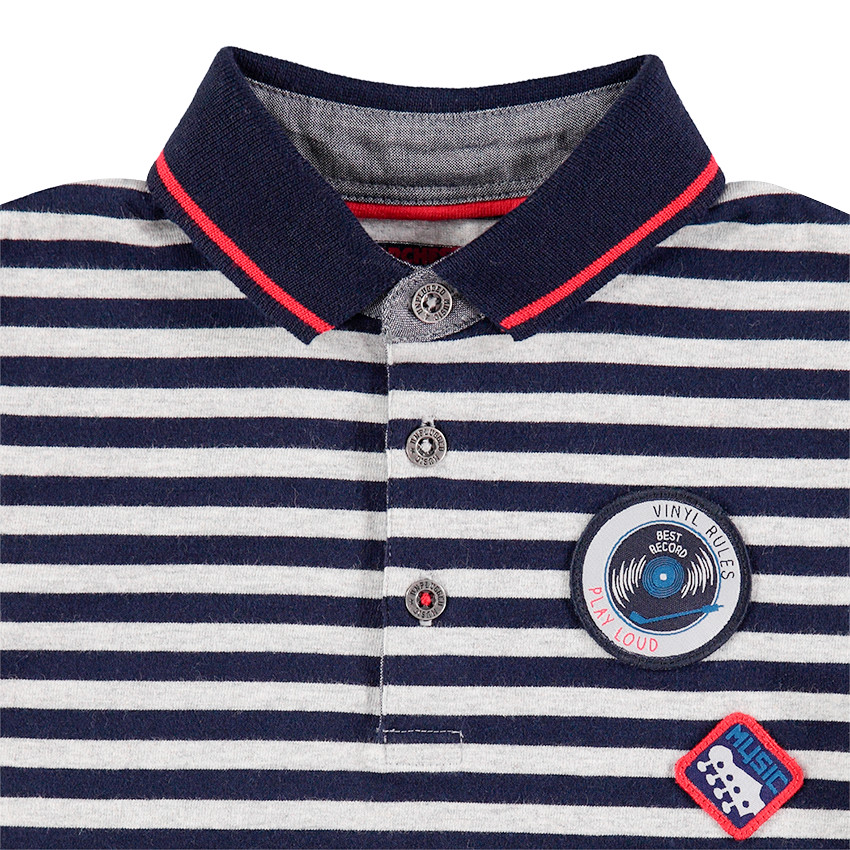 Polo manches longues en coton avec rayures contrastées et badges 