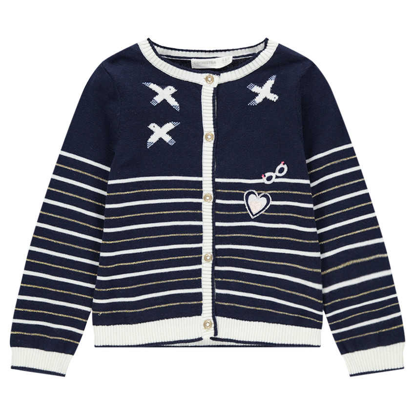 Gilet en tricot avec rayures et oiseaux en jacquard 