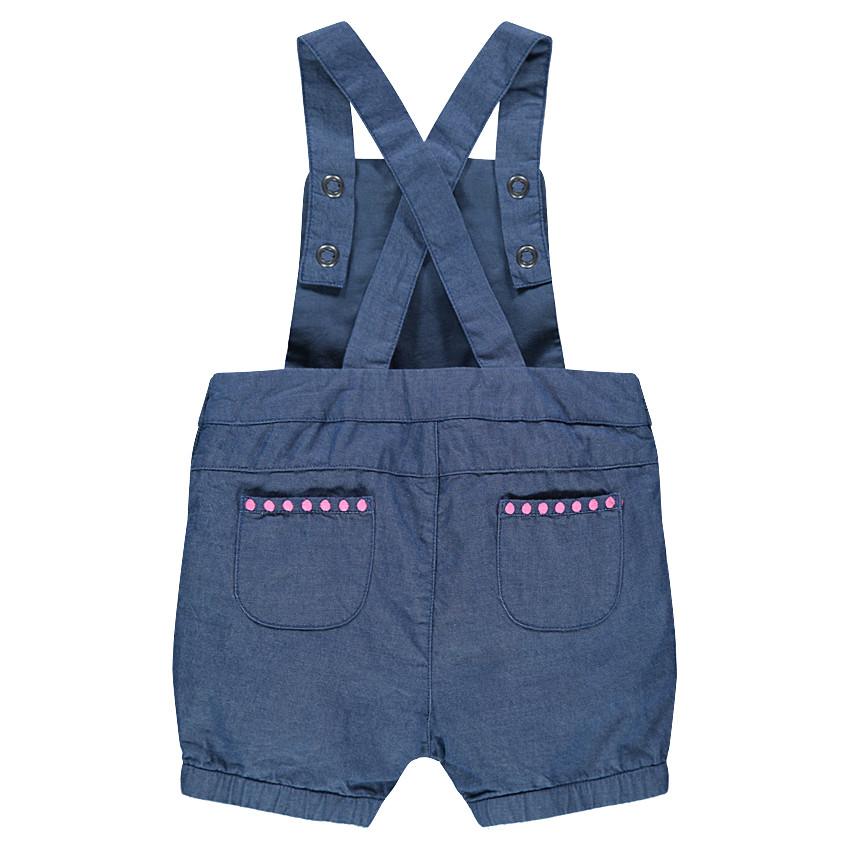 Salopette courte en chambray avec broderies et animal printé 
