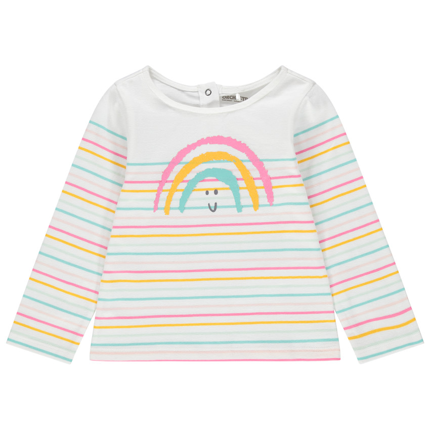 Marinière en coton bio à rayures colorées et arc-en-ciel printé 