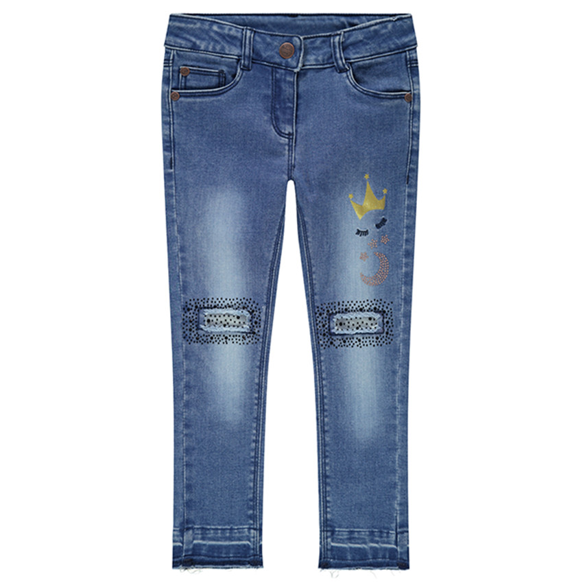 Jeans effet used et crinkle avec fantaisies sur les jambes 