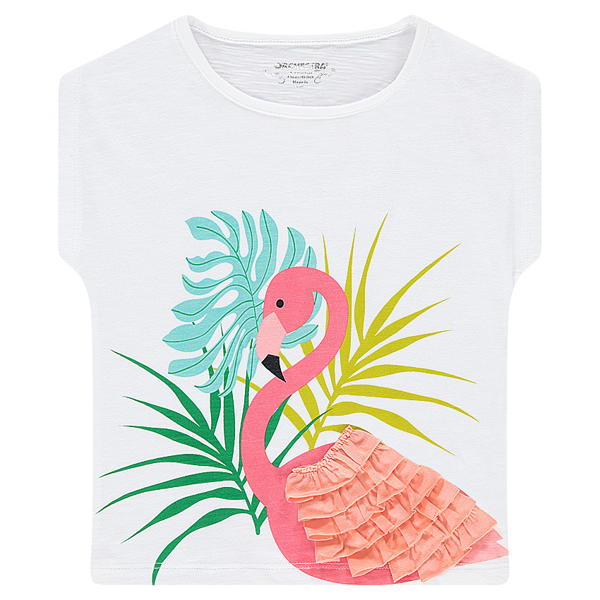 Tee-shirt manches courtes forme boite avec flamant rose volanté 