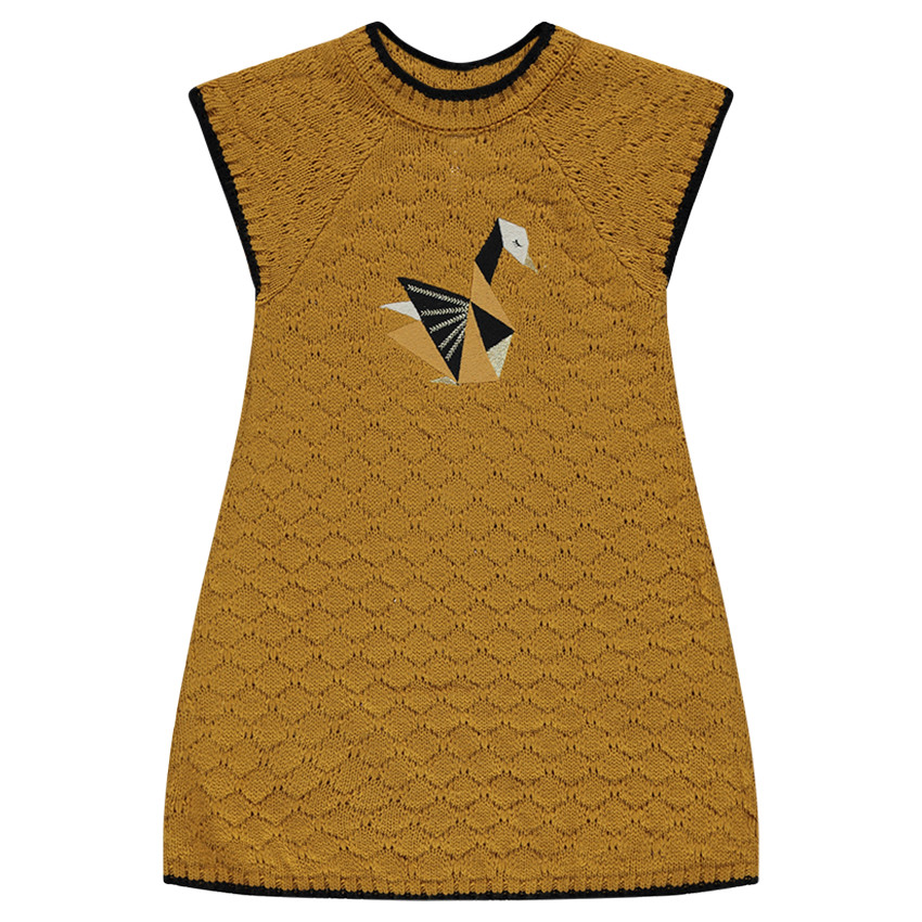 Robe manches courtes en tricot fantaisie avec cygne en origami brodé 