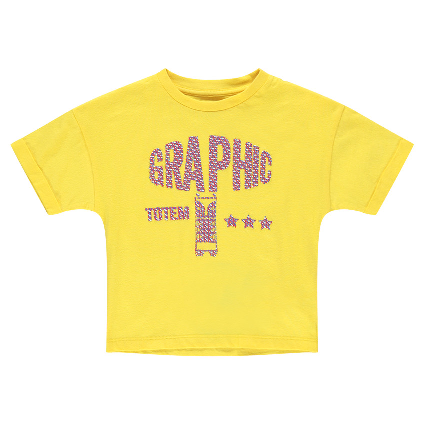 Tee-shirt manches courtes en jersey jaune avec print fantaisie en relief 