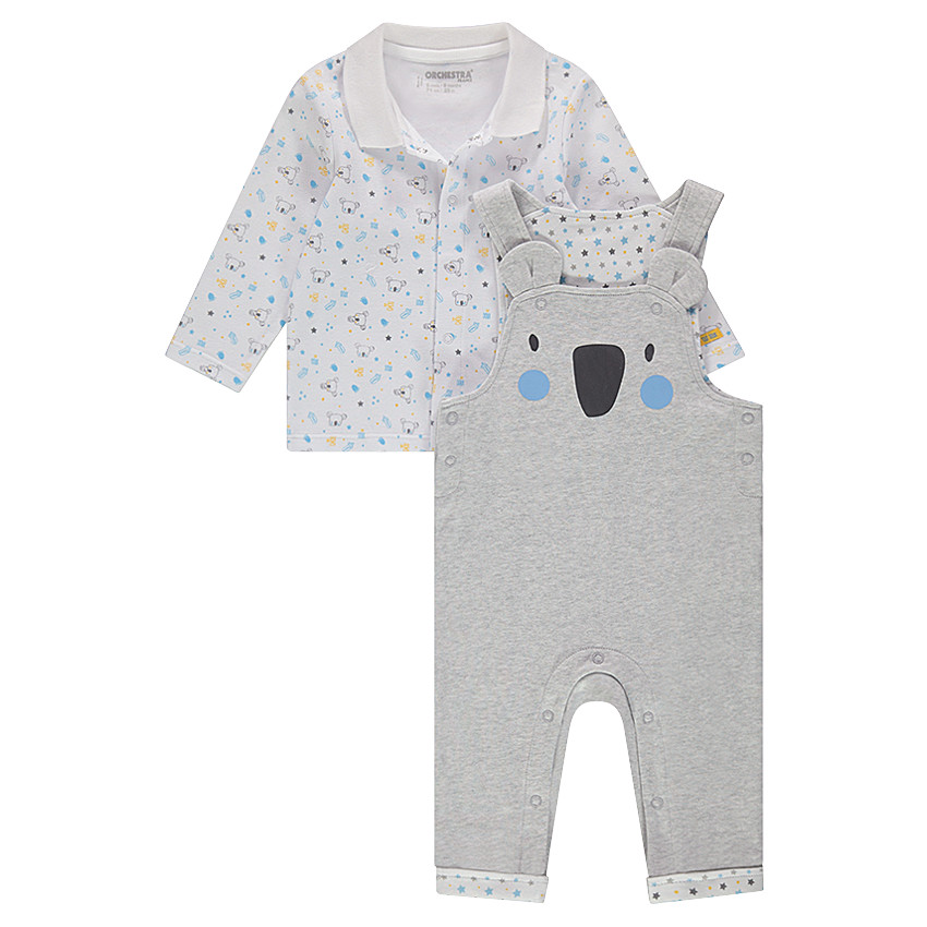 Ensemble avec polo manches longues imprimé koalas all-over et salopette pressionnée 