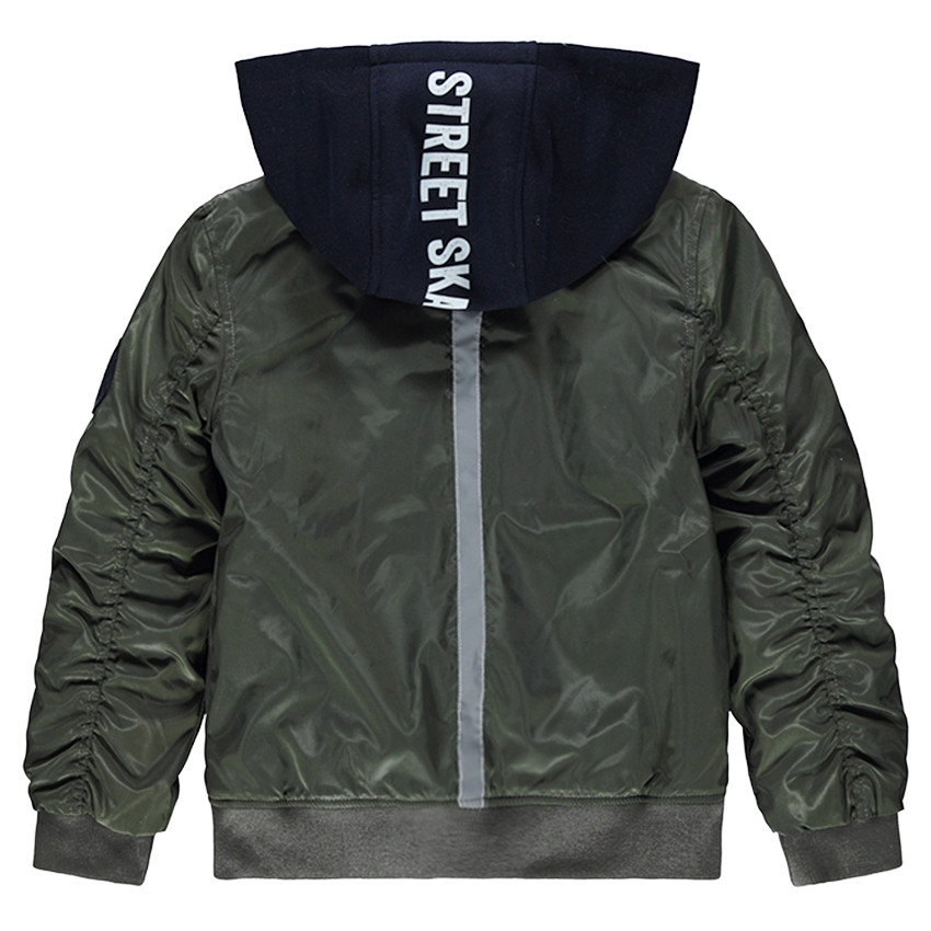 Blouson kaki à larges poches zippées et capuche printée en molleton 