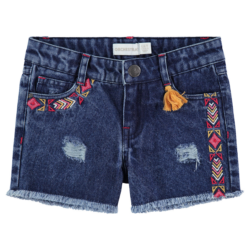Short effet used avec frises brodées style ethnique et finition frangée 