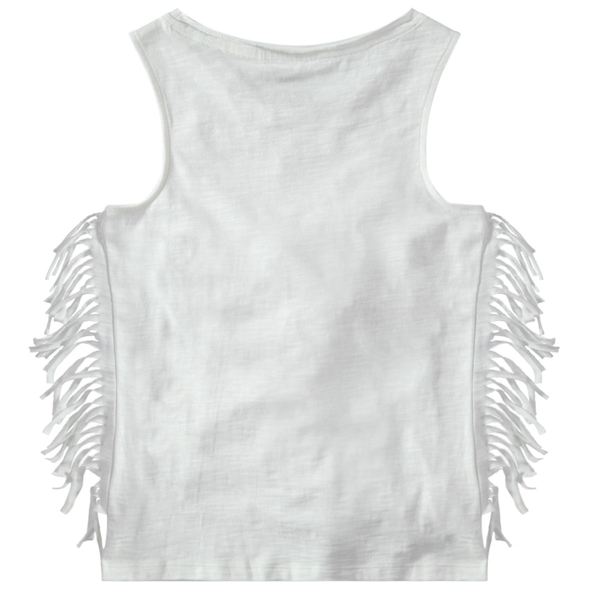 Tanktop van slub jerseystof met franjes en opschrift van touw 