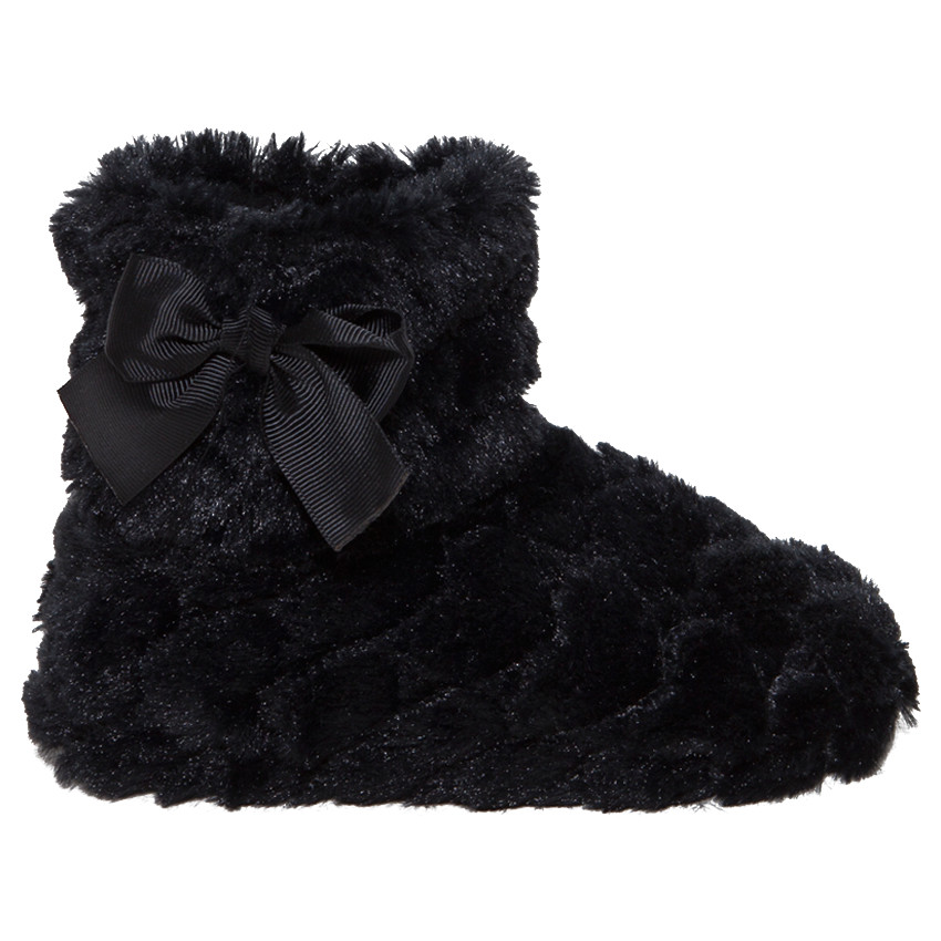 Chaussons noirs forme bottines en fausse fourrure avec noeud 