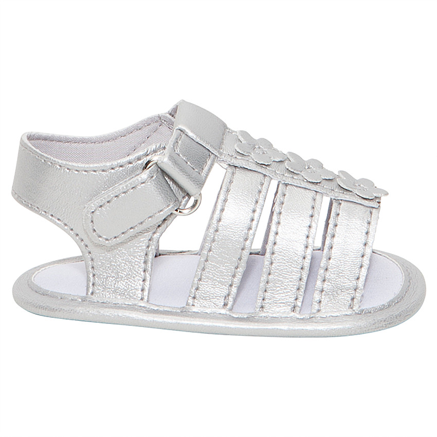 Nu-pieds argentés à scratchs et fleurs 