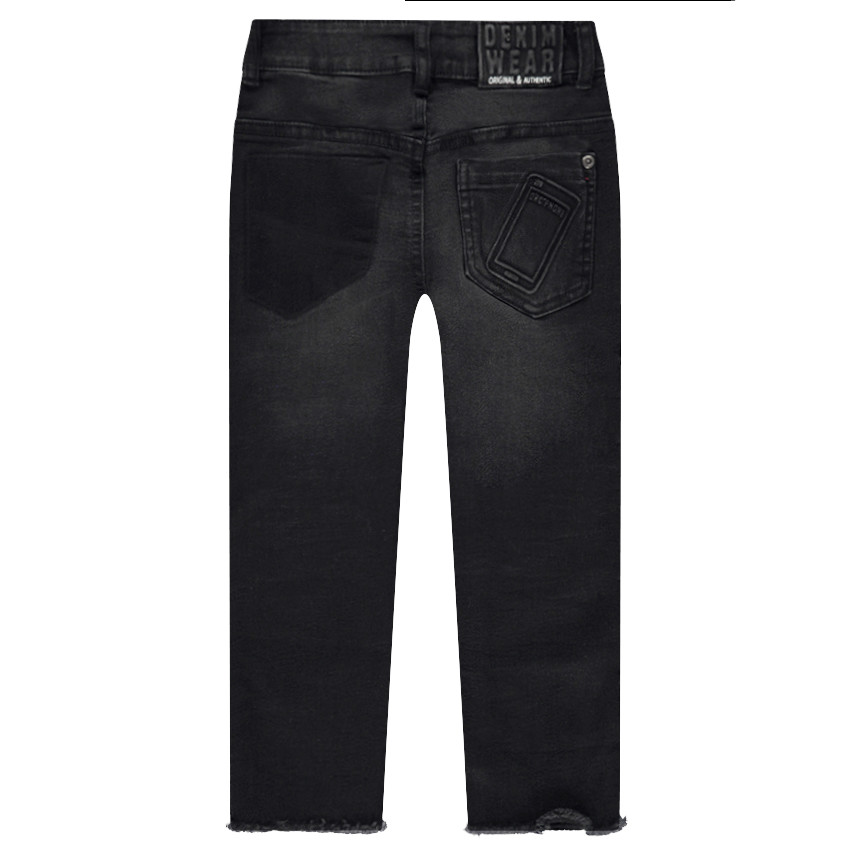 Jeans effet used avec textes printés et motif téléphone en relief au dos 