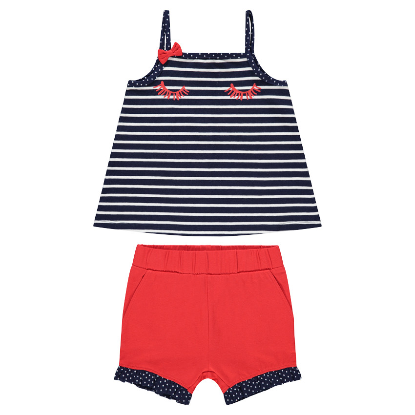 Ensemble avec débardeur rayé et short rouge volanté 