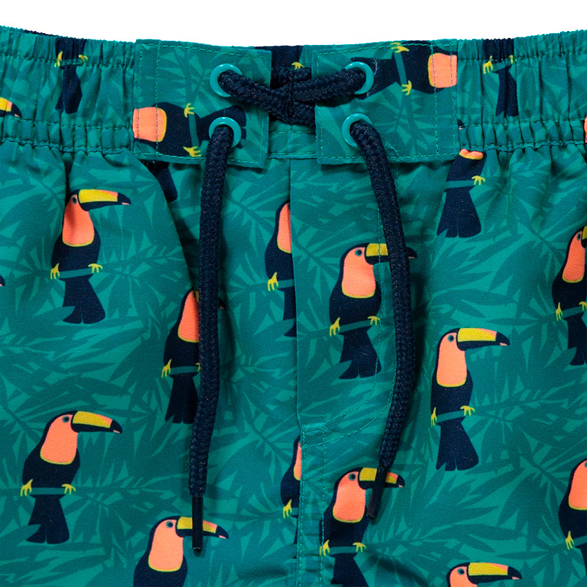 Short de bain avec toucans printés sur fond végétal 