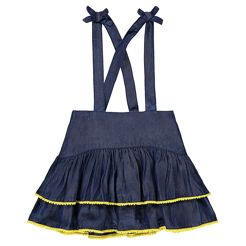 Robe salopette volantée en chambray avec galons à pompons 