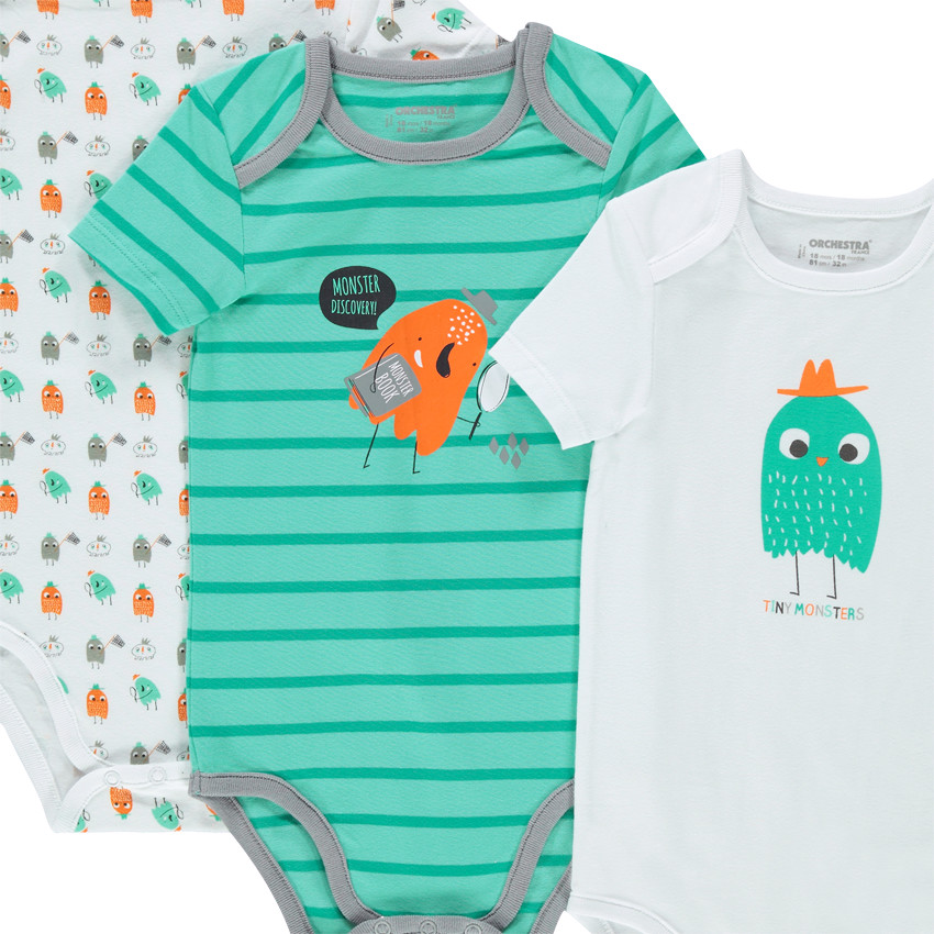 Lot de 3 bodies manches courtes en jersey avec monstres printés 