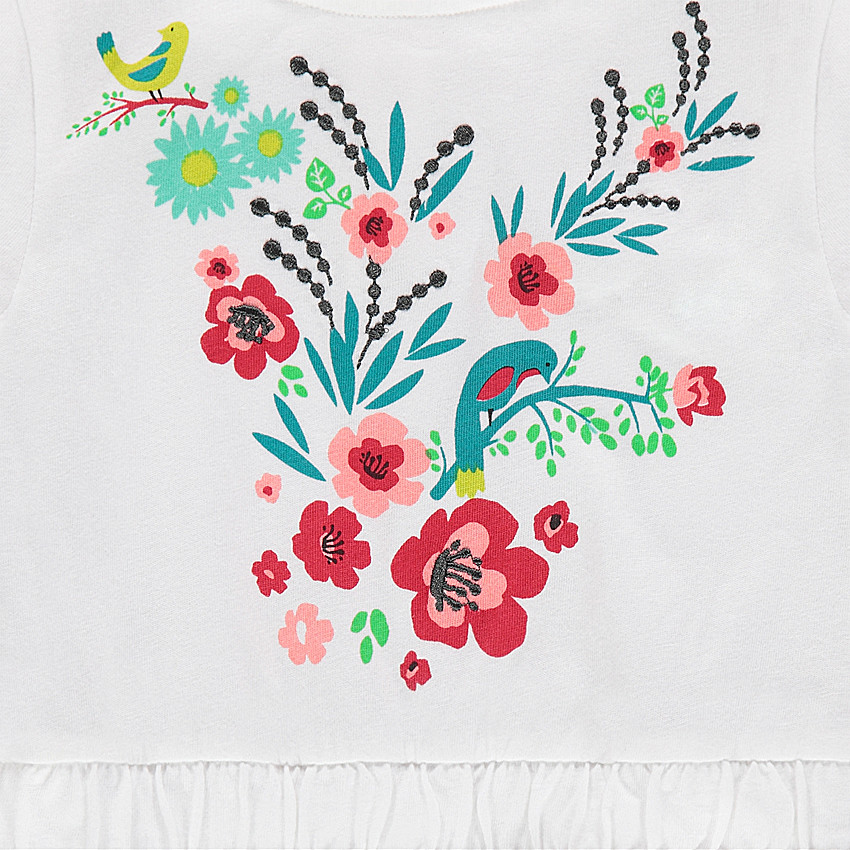 Robe manches courtes avec fleurs printées et rayures contrastées 