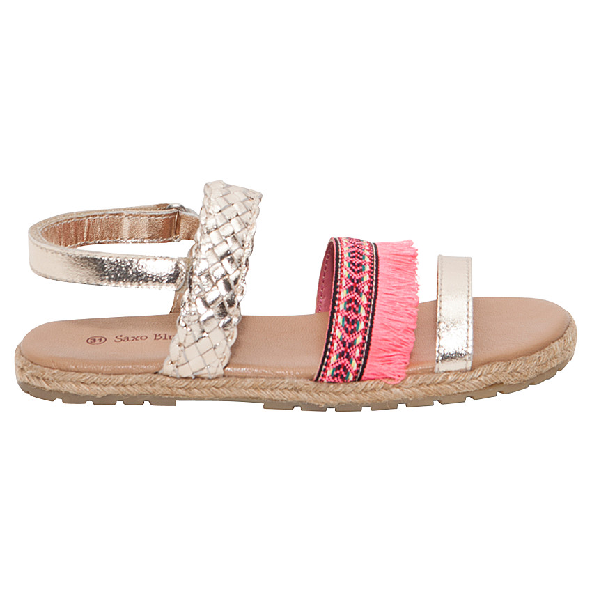 Nu-pieds en cuir doré avec tresse et franges 