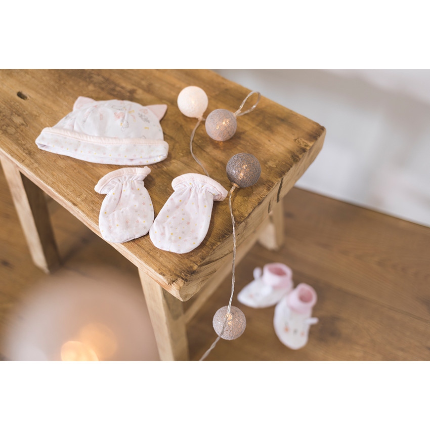 Set de naissance avec bonnet imprimé et moufles unies 