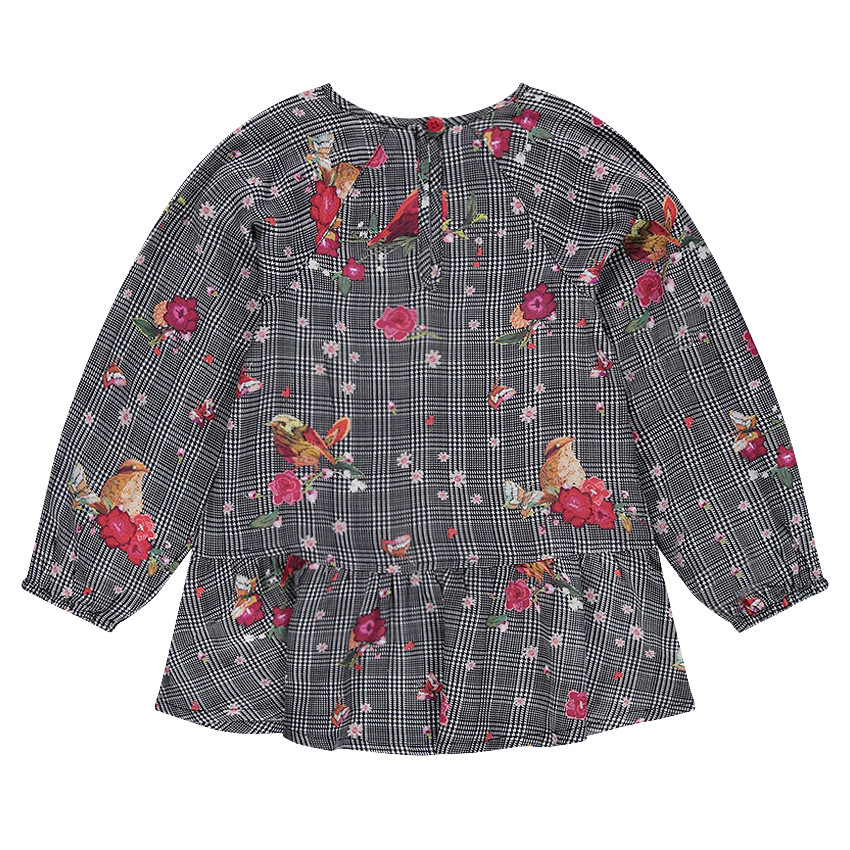 Tunique à carreaux avec fleurs et oiseaux printés 