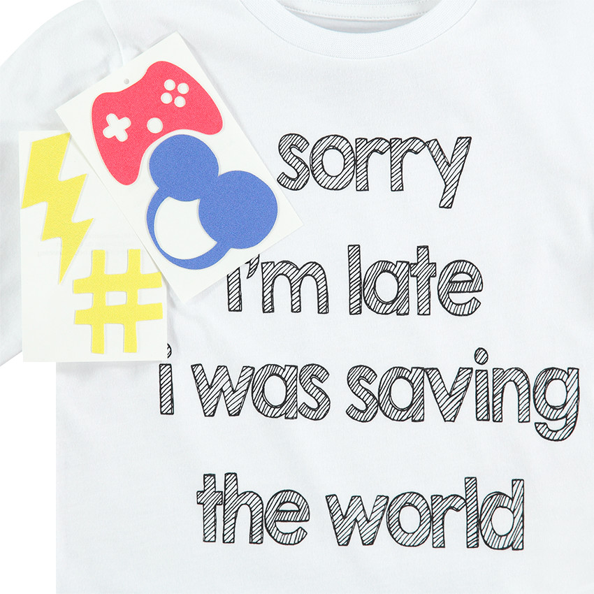 Tee-shirt manches longues en jersey avec message printé et adhésifs fantaisie 