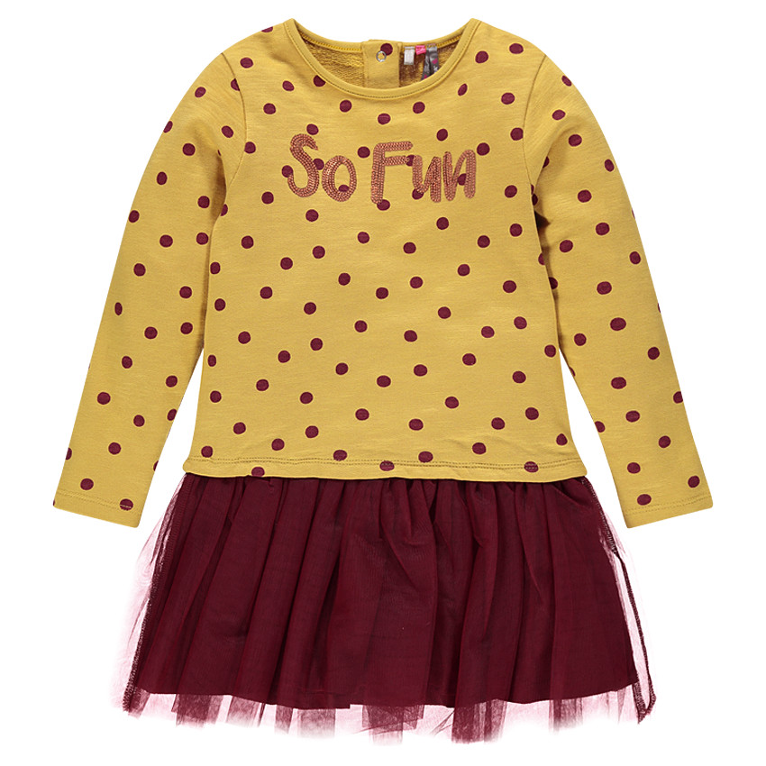 Robe bi-matière imprimée pois et inscription en sequins 