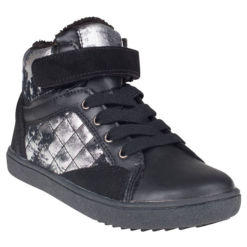Bottillons noirs et argentés à lacets et zip  