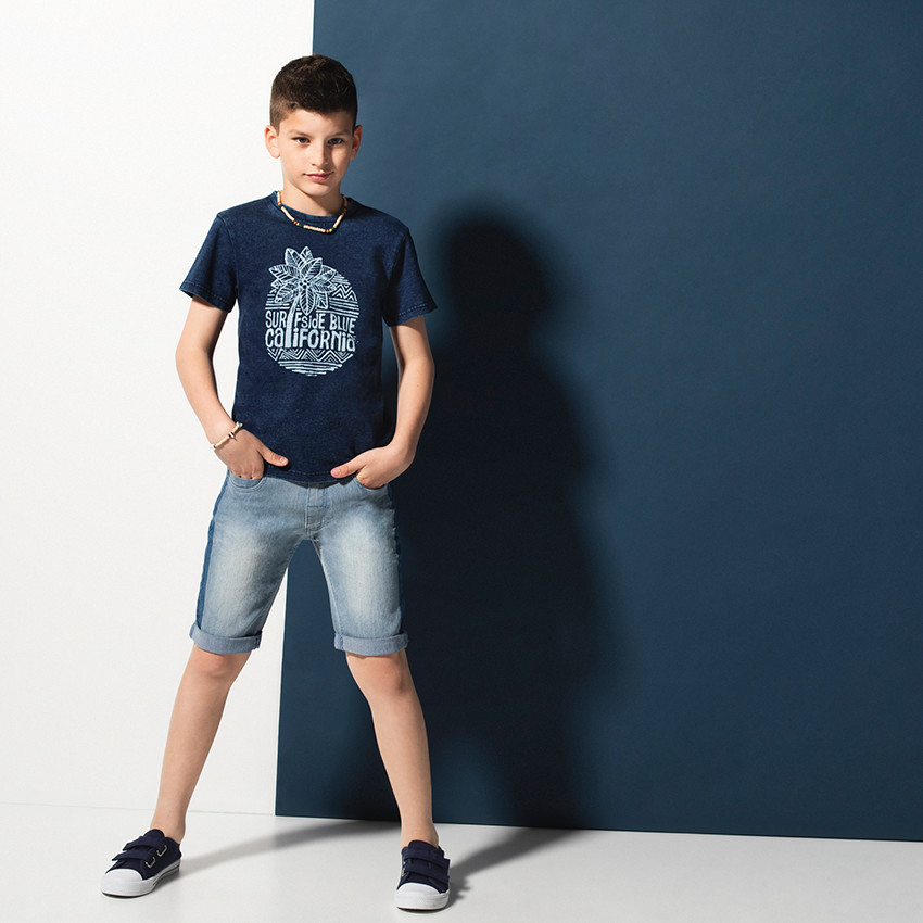 Junior - Tee-shirt manches courtes bleu jeans avec print esprit surf 