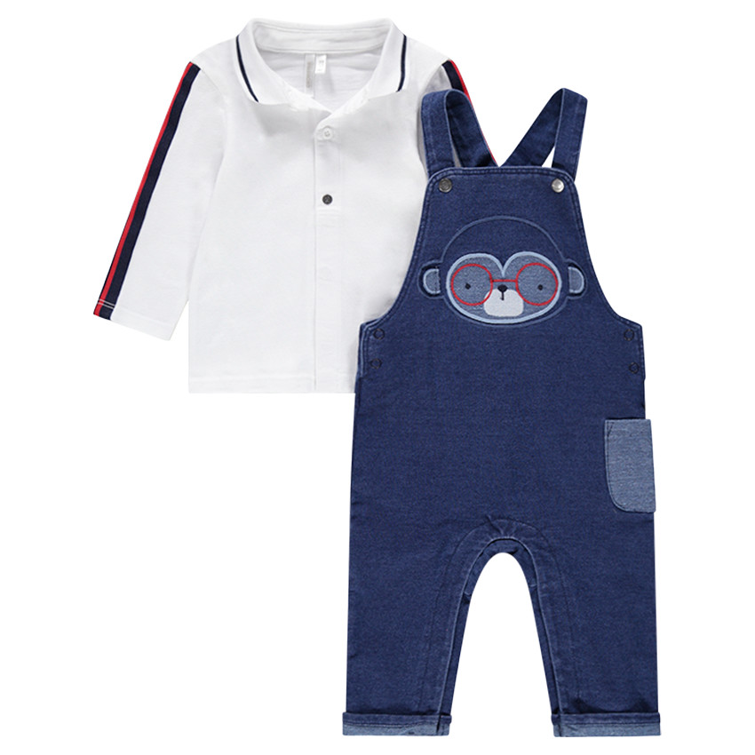 Ensemble polo uni et salopette effet jeans avec singe brodé 