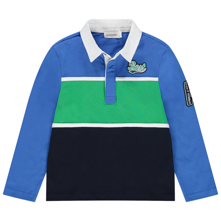 Polo manches longues tricolore à badges fantaisie 