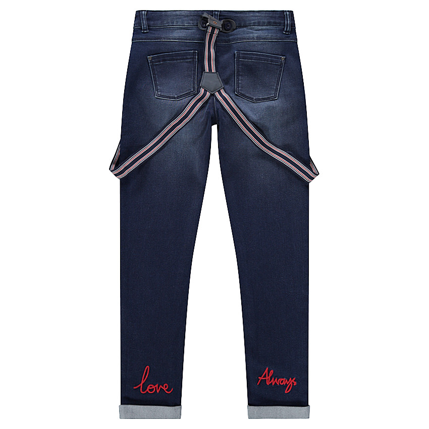 Junior - Jeans effet used avec bretelles rayées amovibles et badges 