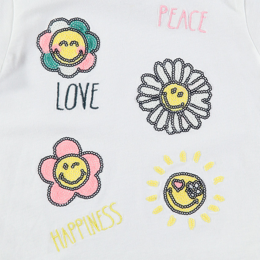 Tee-shirt manches courtes avec fleurs en sequins Smiley 