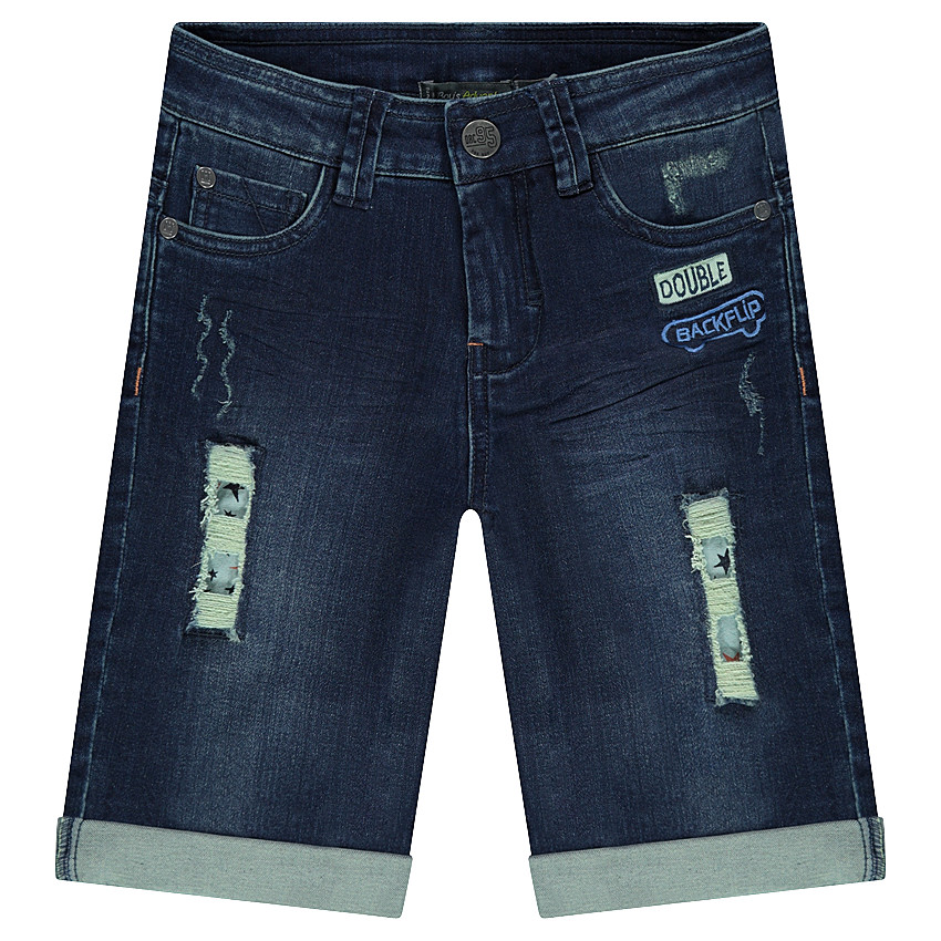 Bermuda en jeans effet used avec imprimé étoiles et badges 