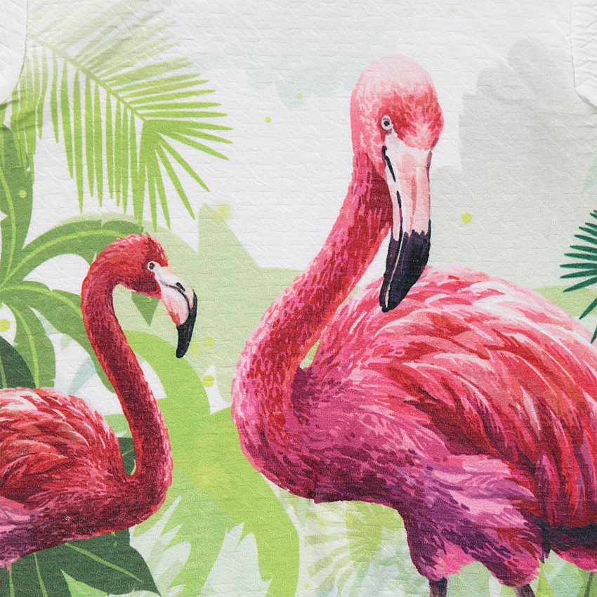 Robe manches courtes en voile de coton avec flamants roses printés 