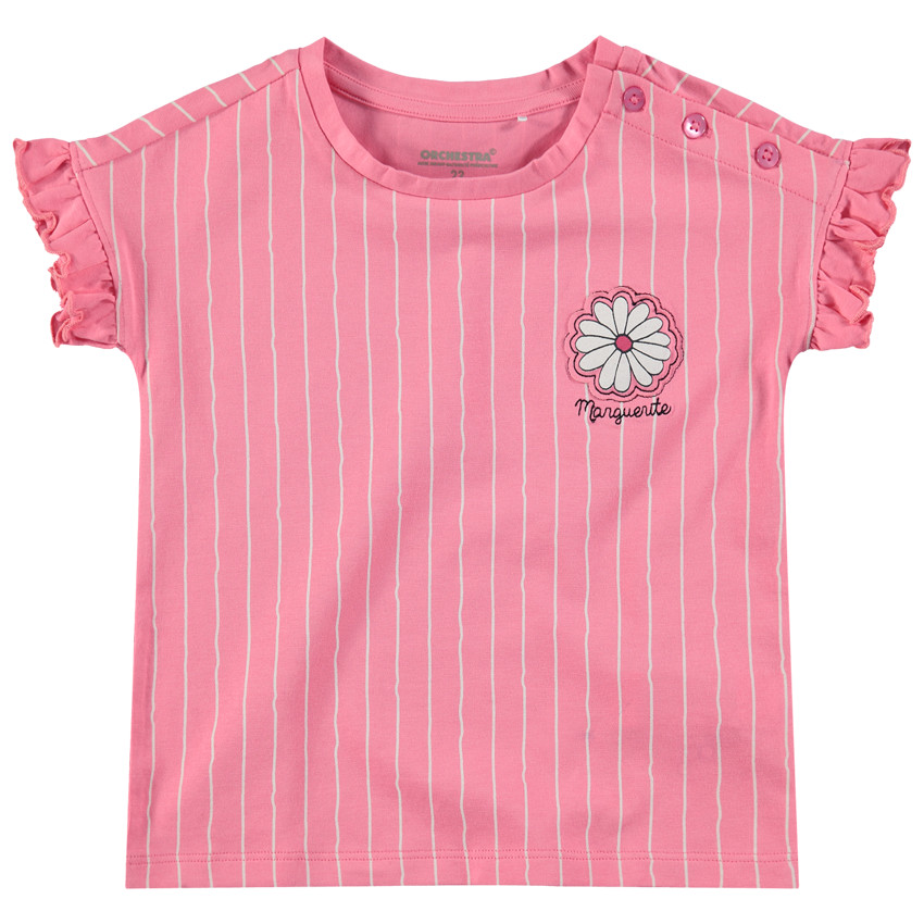 T-shirt manches courtes volantées avec rayures et ouverture boutonné 