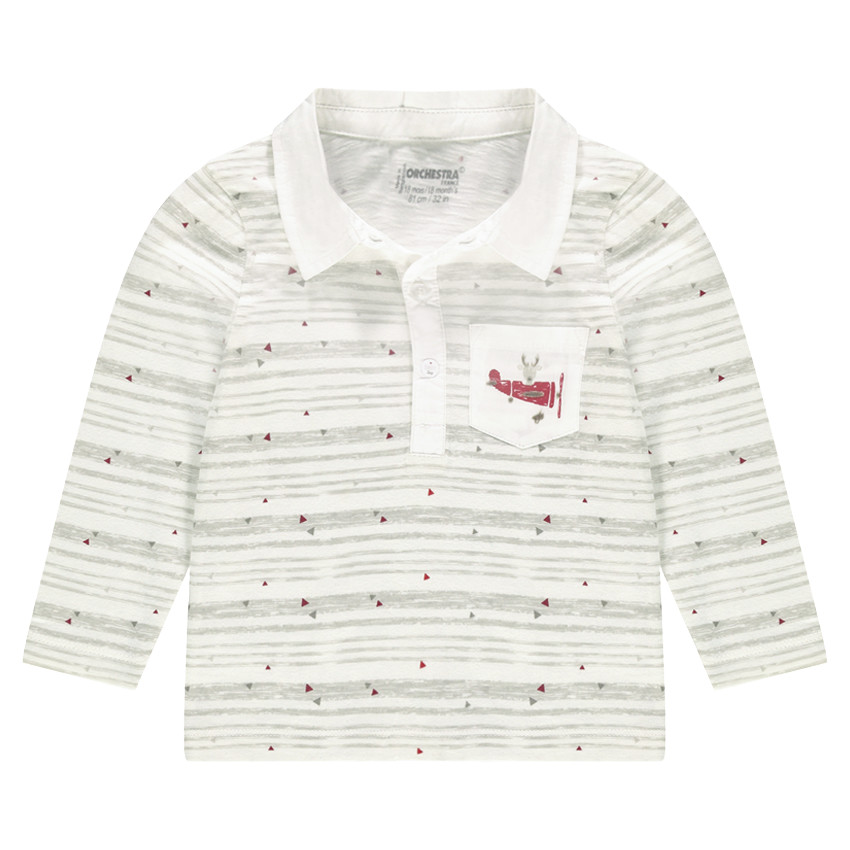 Polo manches longues à fines rayures et poche printée 