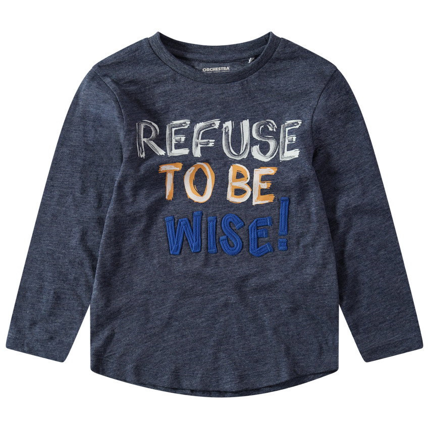 T-shirt manches longues en jersey chiné avec message printé et brodé 