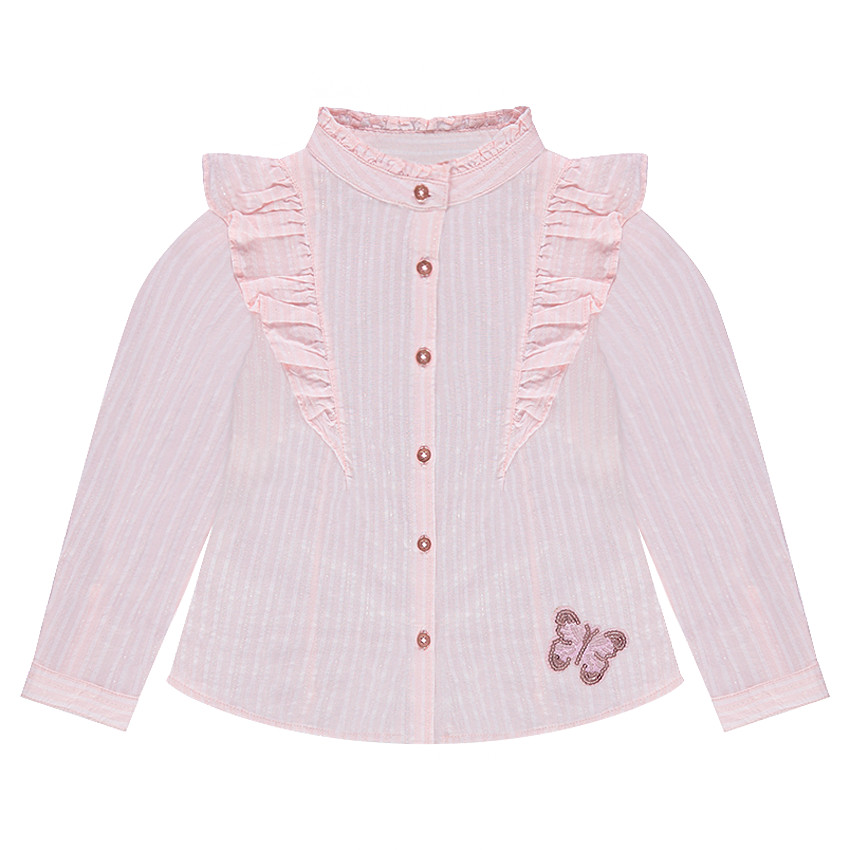 Chemise manches longues rayée avec volants et papillon en sequins 