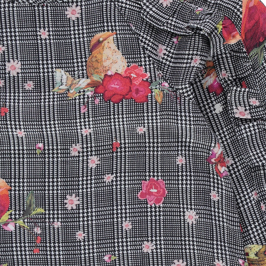 Tunique à carreaux avec fleurs et oiseaux printés 